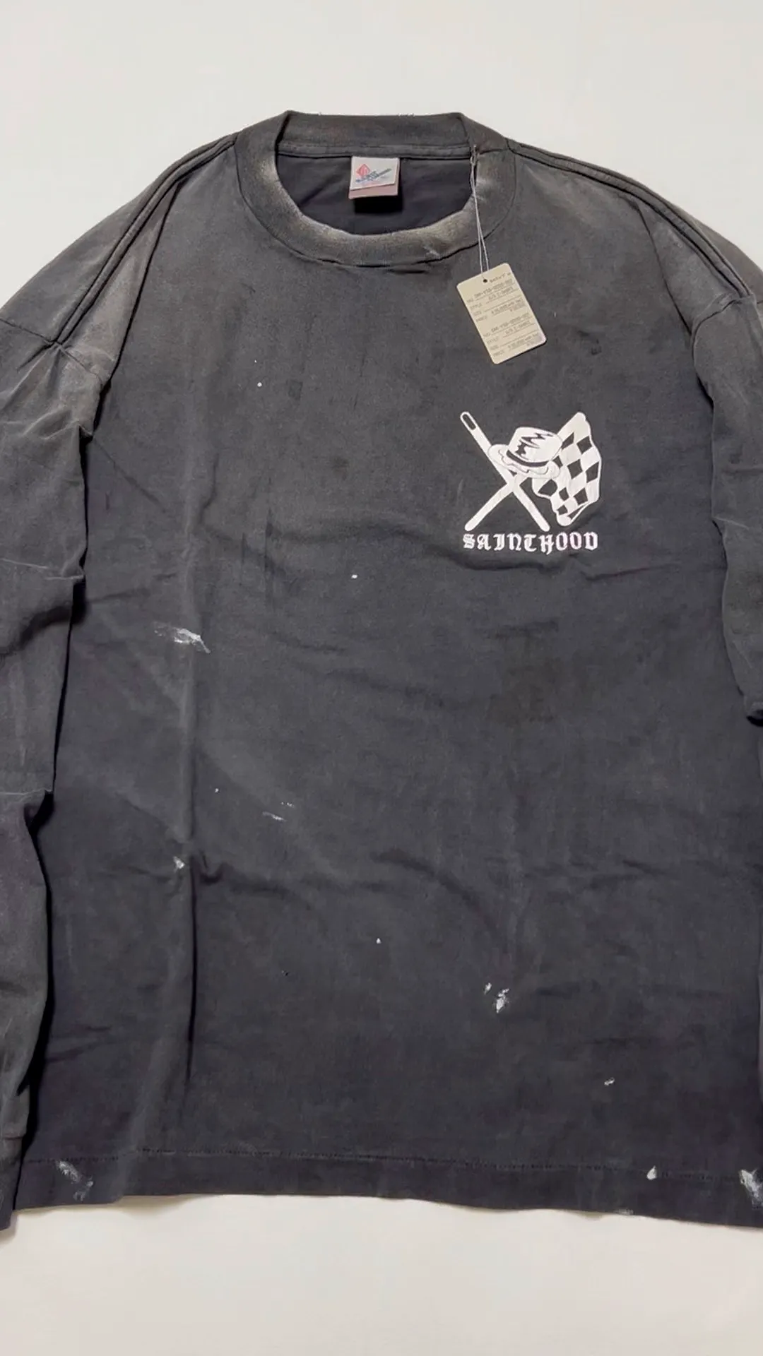 SAINT Mxxxxxx × NEIGHBORHOOD STHD . LS TEE SPEED KILLS/BLK Skull Helmet Long Sleeves Washed Black S-XL Cylindrical Cloth Ready-Made Assute Dyeing Heavy Washing Water Fading Handmade Splashed Ink Holes Simulate Natural Fading and Old Effects Correct Version Customized NBHD Co-branded Accessories Top Purchasing Level